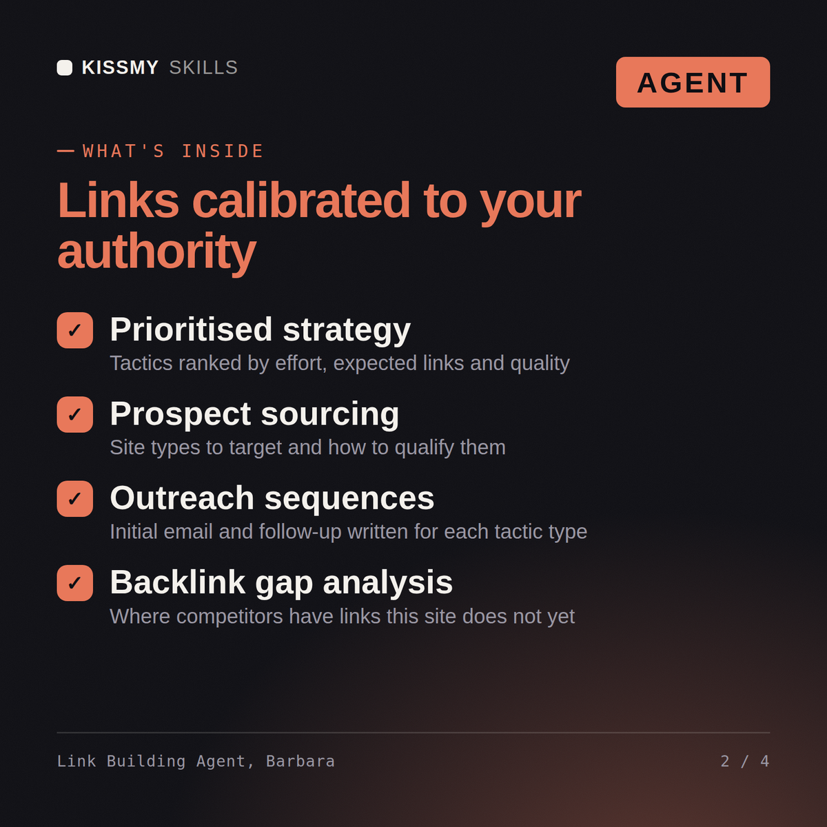 What's inside the Link Building Agent, Barbara AI agent: Prioritised strategy, Prospect sourcing, Outreach sequences, Backlink gap analysis