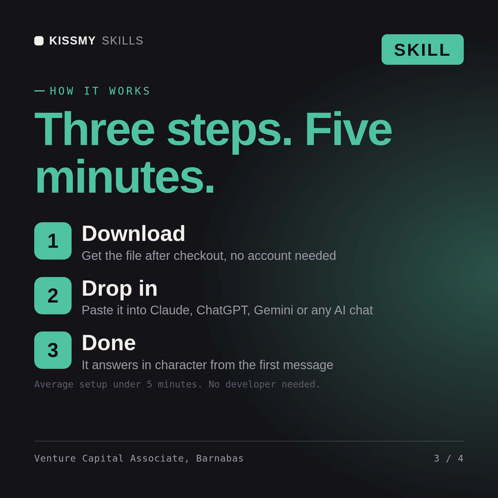 How the Venture Capital Associate, Barnabas AI skill works in three steps: download, drop it into your AI chat, done