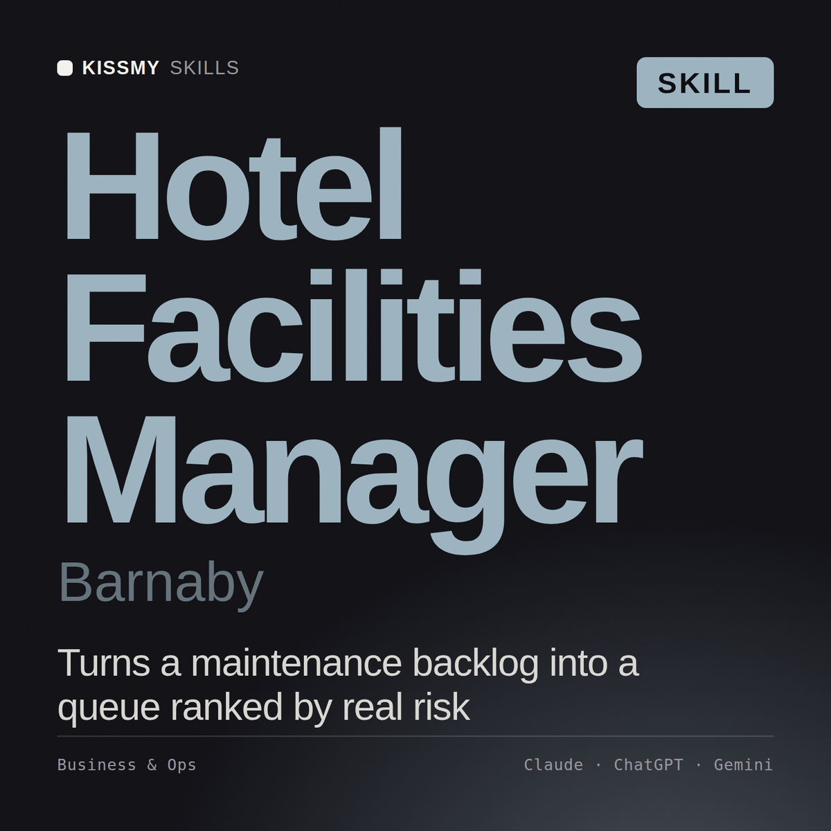 Hotel Facilities Manager, Barnaby AI skill by KissMySkills, cover