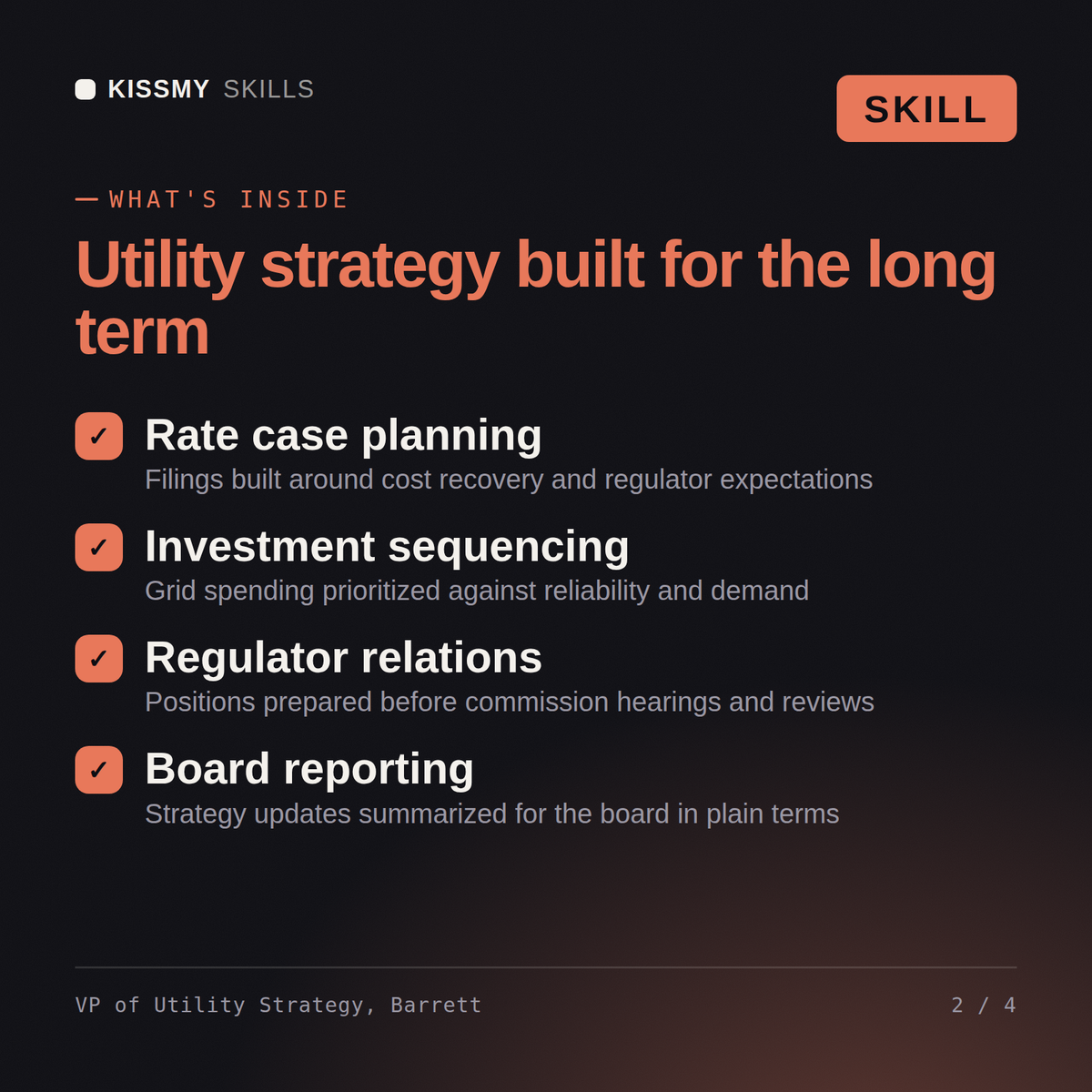 What's inside the VP of Utility Strategy, Barrett AI skill: Rate case planning, Investment sequencing, Regulator relations, Board reporting