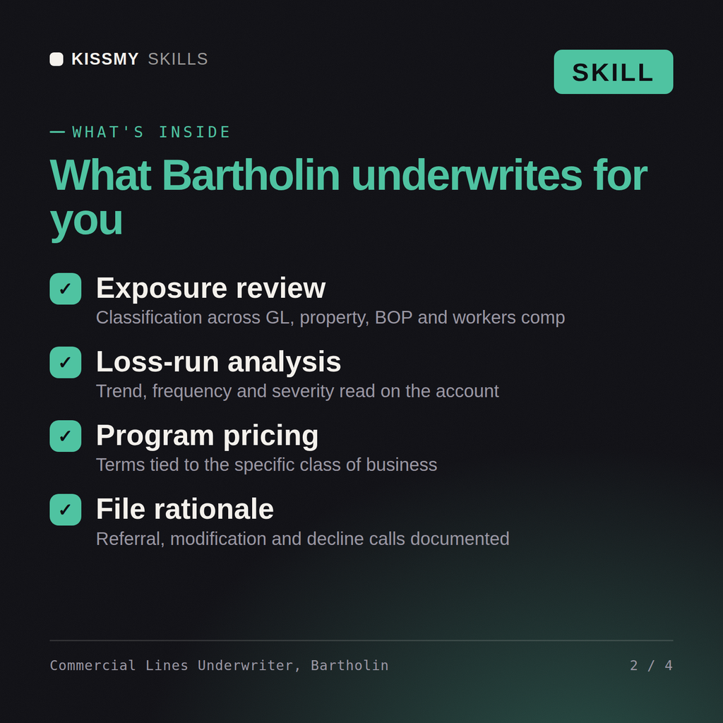 What's inside the Commercial Lines Underwriter, Bartholin AI skill: Exposure review, Loss-run analysis, Program pricing, File rationale