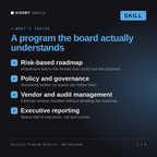 What's inside the Security Program Director, Bartholomea AI skill: Risk-based roadmap, Policy and governance, Vendor and audit management, Executive reporting