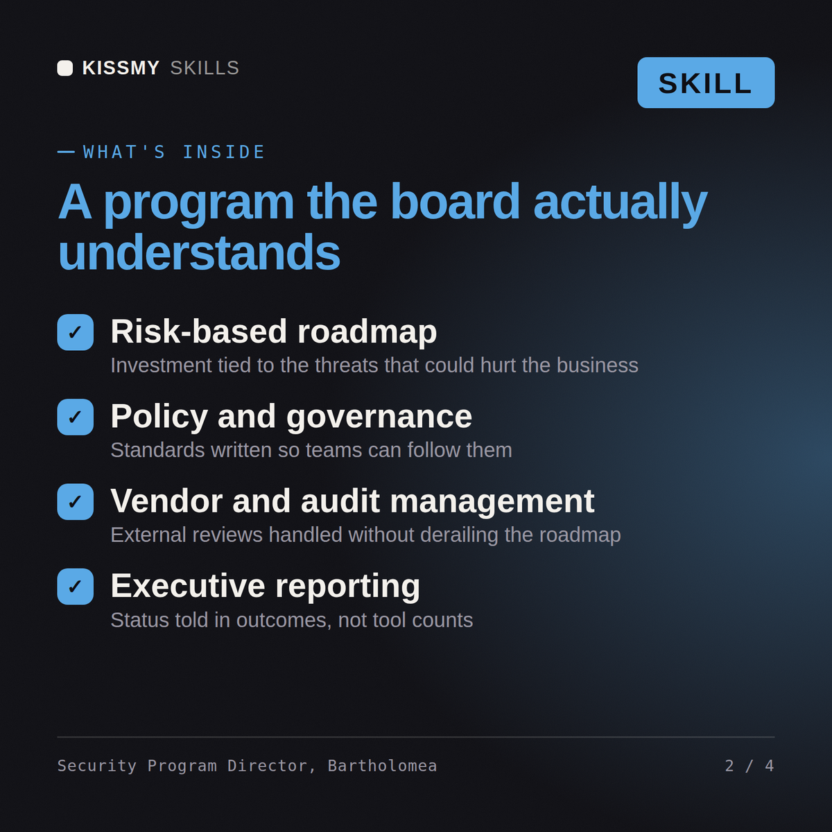 What's inside the Security Program Director, Bartholomea AI skill: Risk-based roadmap, Policy and governance, Vendor and audit management, Executive reporting