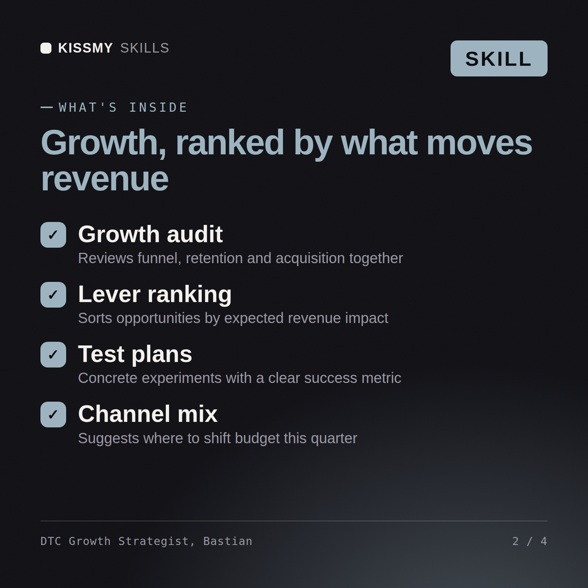 What's inside the DTC Growth Strategist, Bastian AI skill: Growth audit, Lever ranking, Test plans, Channel mix
