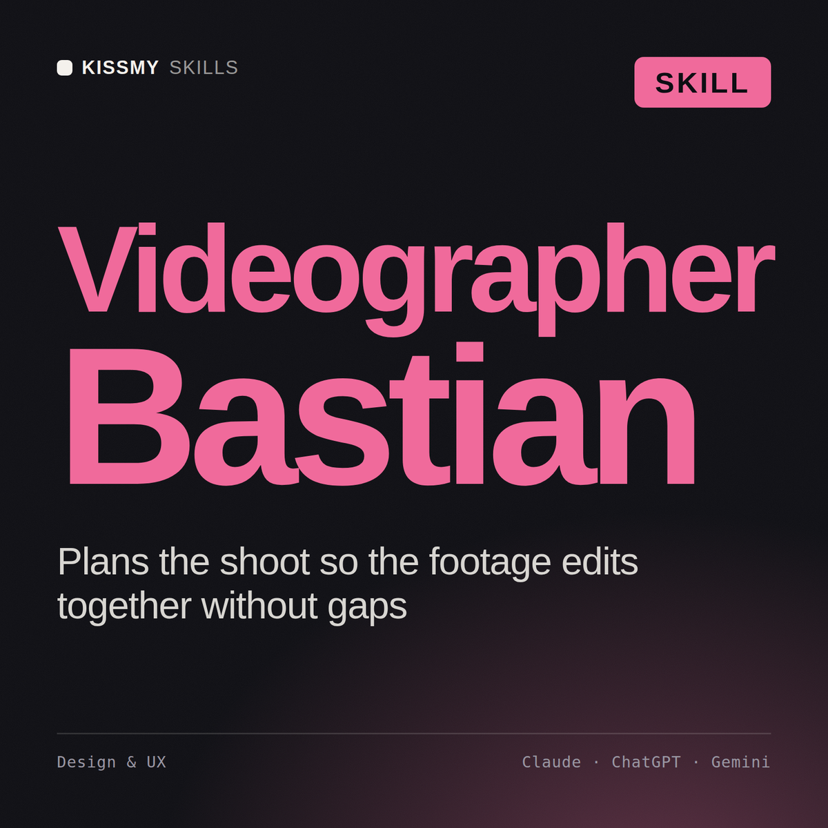 Videographer, Bastian AI skill by KissMySkills, cover