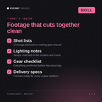 What's inside the Videographer, Bastian AI skill: Shot lists, Lighting notes, Gear checklist, Delivery specs