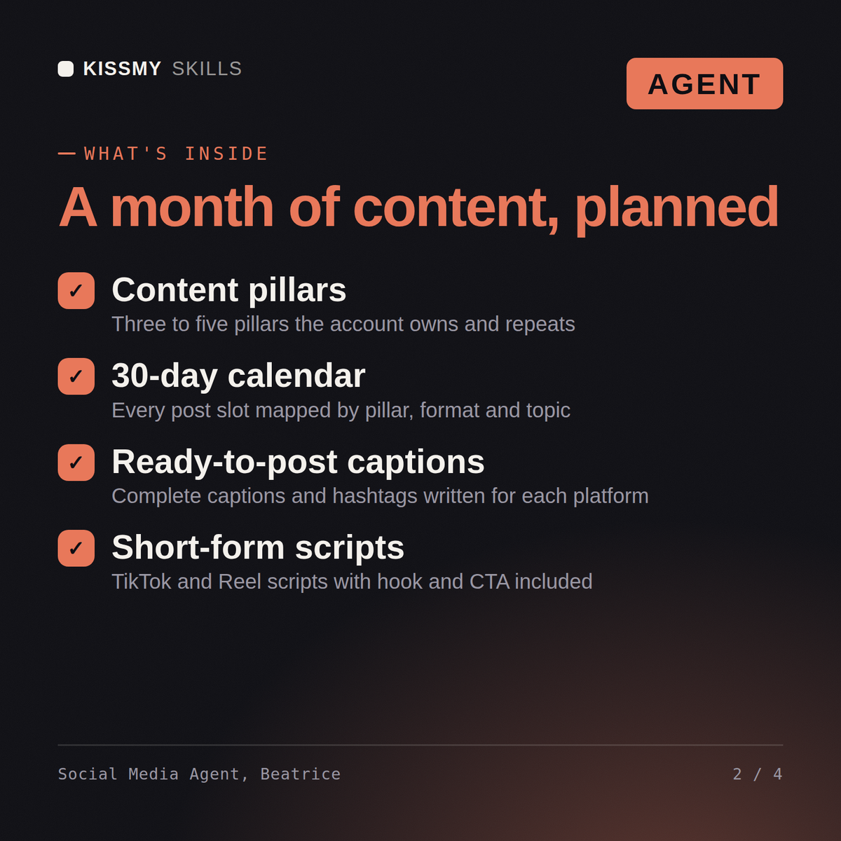 What's inside the Social Media Agent, Beatrice AI agent: Content pillars, 30-day calendar, Ready-to-post captions, Short-form scripts