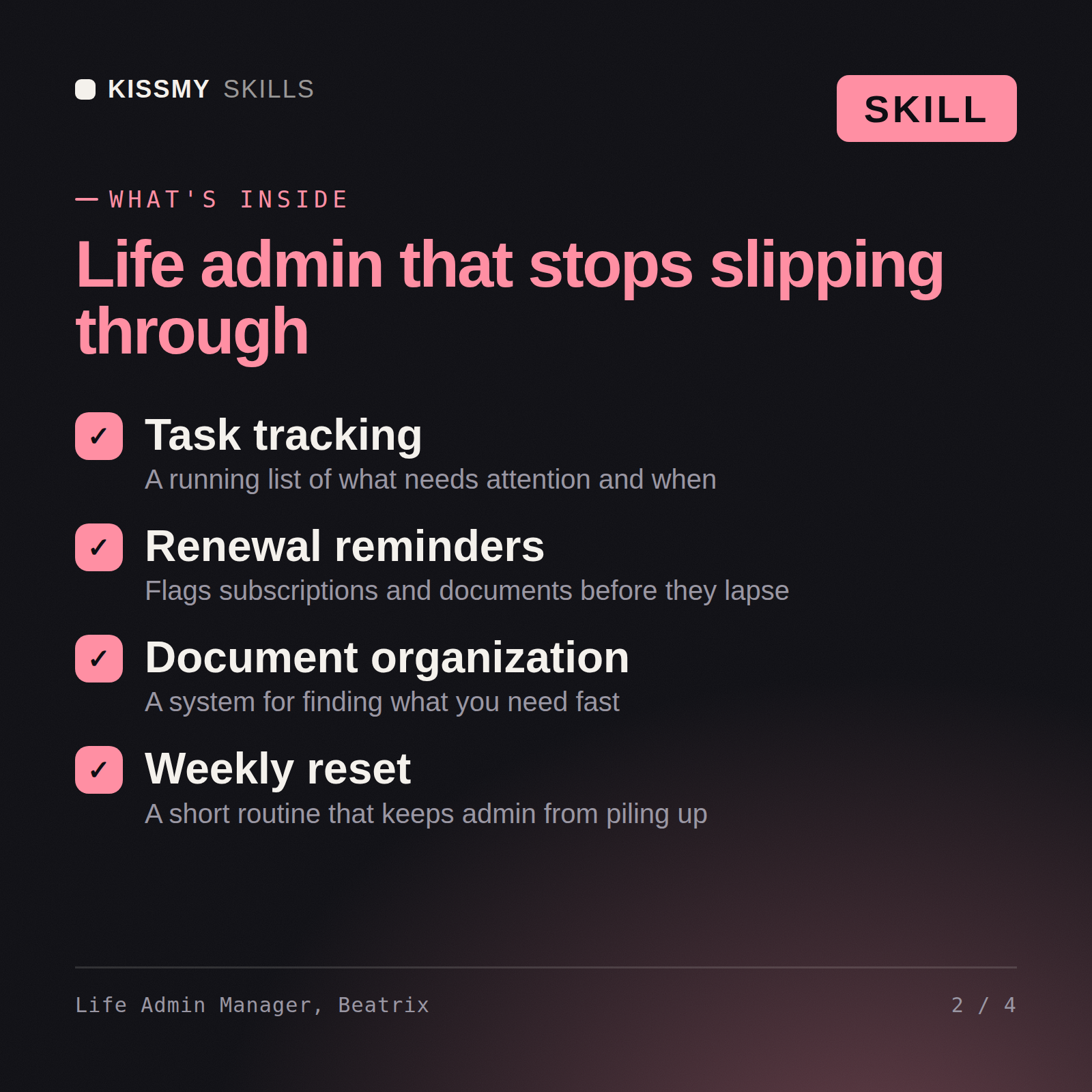 What's inside the Life Admin Manager, Beatrix AI skill: Task tracking, Renewal reminders, Document organization, Weekly reset