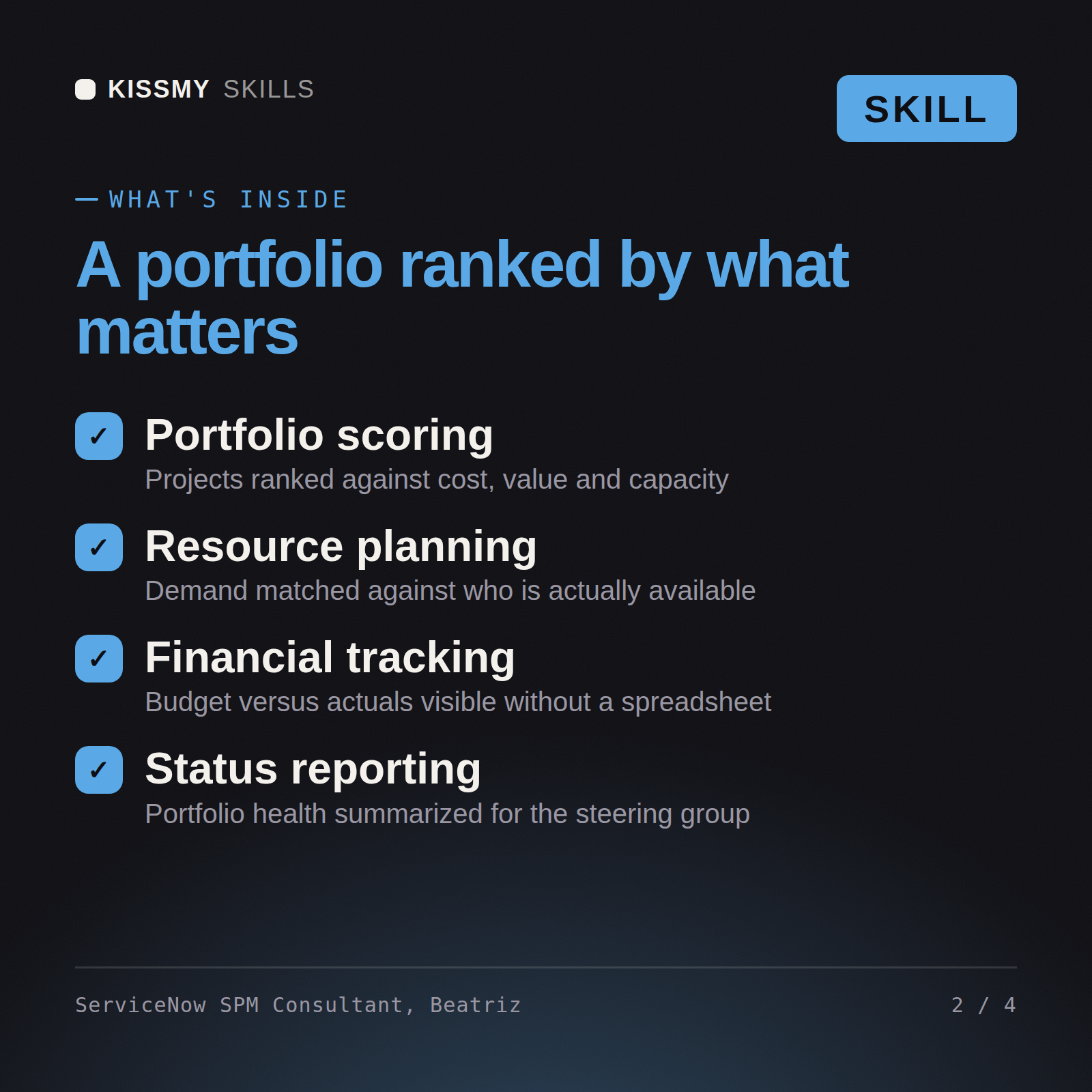 What's inside the ServiceNow SPM Consultant, Beatriz AI skill: Portfolio scoring, Resource planning, Financial tracking, Status reporting
