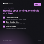 What's inside the AI Writing Coach AI skill: Draft feedback, One fix at a time, Practice set