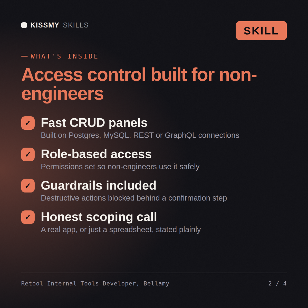 What's inside the Retool Internal Tools Developer, Bellamy AI skill: Fast CRUD panels, Role-based access, Guardrails included, Honest scoping call