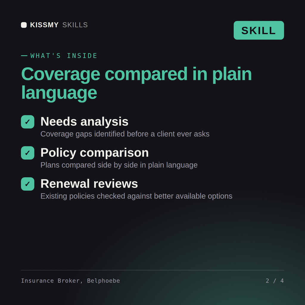 What's inside the Insurance Broker, Belphoebe AI skill: Needs analysis, Policy comparison, Renewal reviews