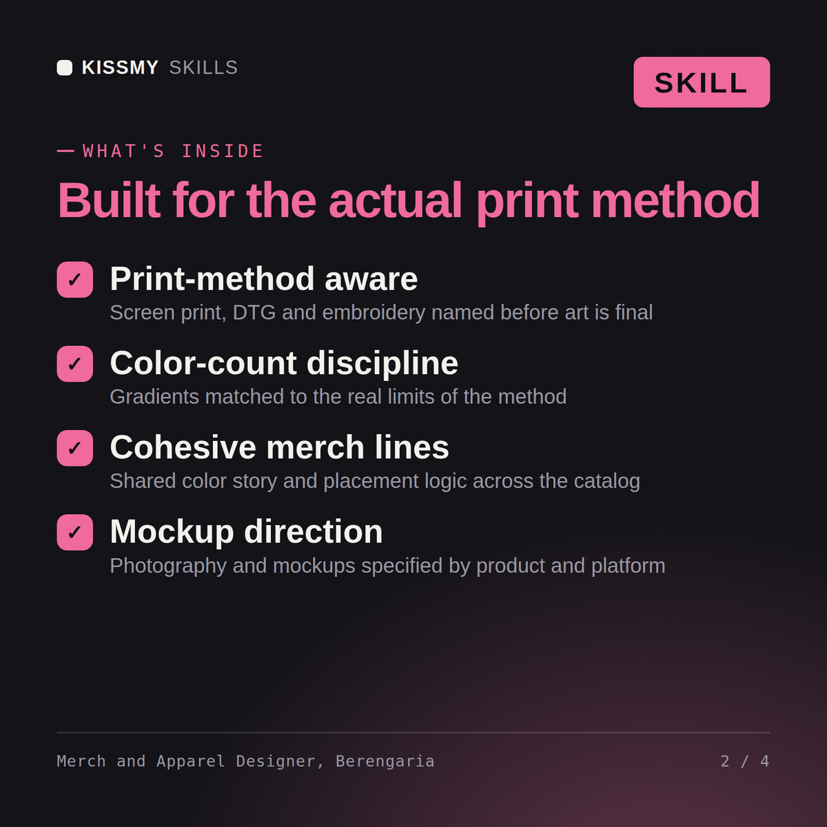 What's inside the Merch and Apparel Designer, Berengaria AI skill: Print-method aware, Color-count discipline, Cohesive merch lines, Mockup direction