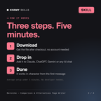 How the Berenike - Comparison & Alternatives Page Writer AI skill works in three steps: download, drop it into your AI chat, done