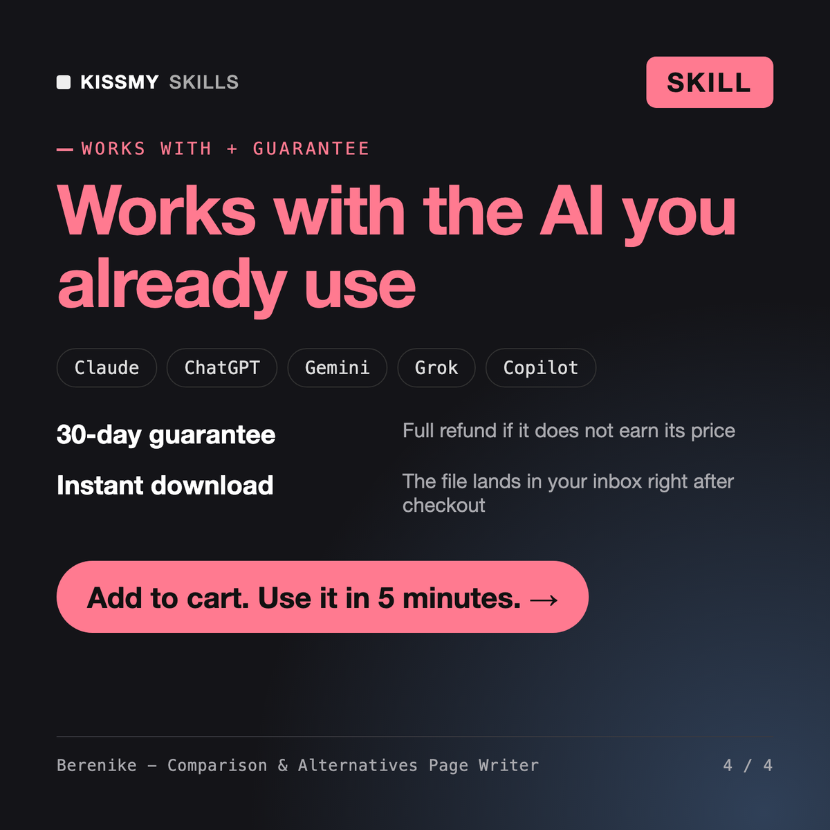 The Berenike - Comparison & Alternatives Page Writer AI skill works with Claude, ChatGPT, Gemini and any AI chat, 30-day money-back guarantee