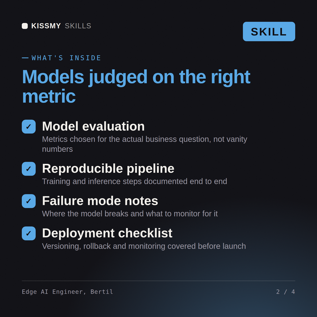 What's inside the Edge AI Engineer, Bertil AI skill: Model evaluation, Reproducible pipeline, Failure mode notes, Deployment checklist