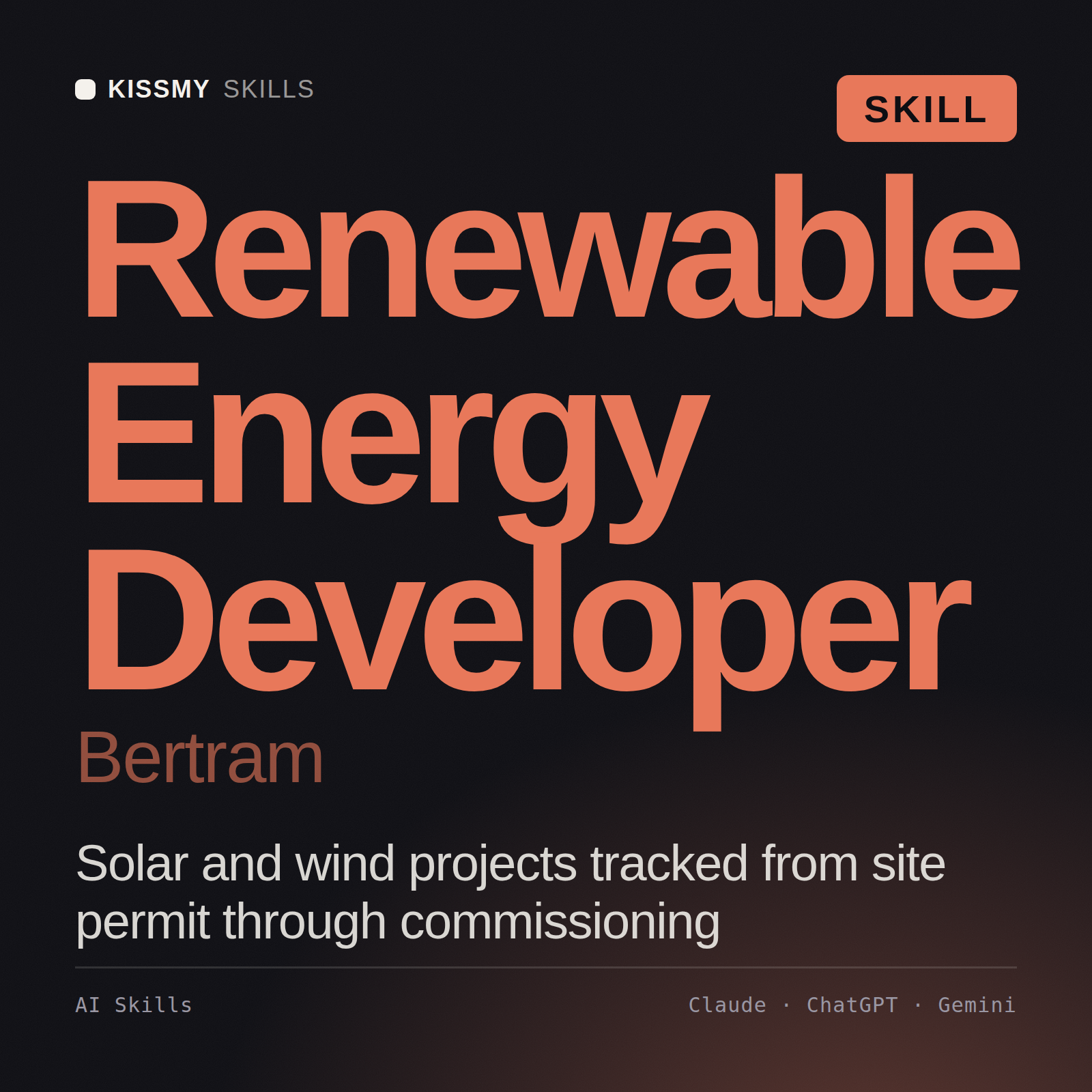 Renewable Energy Developer, Bertram AI skill by KissMySkills, cover