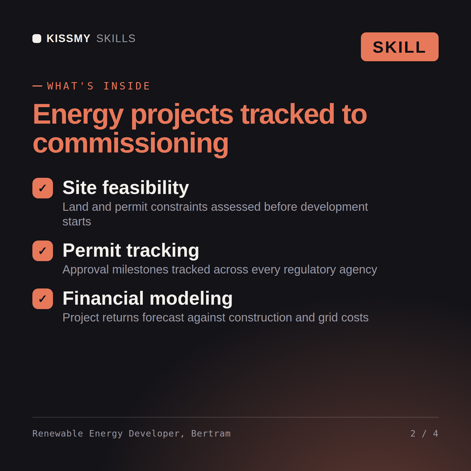 What's inside the Renewable Energy Developer, Bertram AI skill: Site feasibility, Permit tracking, Financial modeling