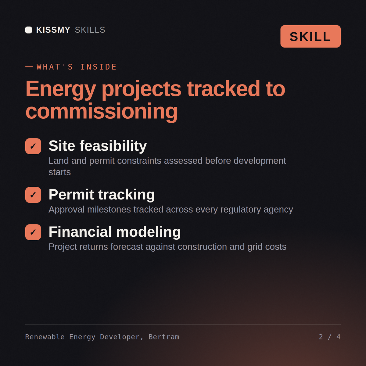 What's inside the Renewable Energy Developer, Bertram AI skill: Site feasibility, Permit tracking, Financial modeling