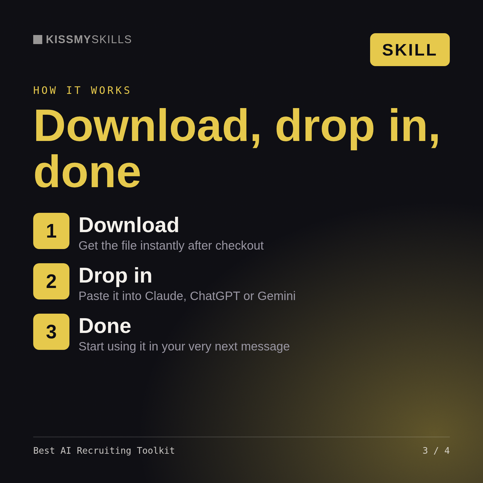 How the Best AI Recruiting Toolkit skill works in three steps: download, drop it into your AI chat, done