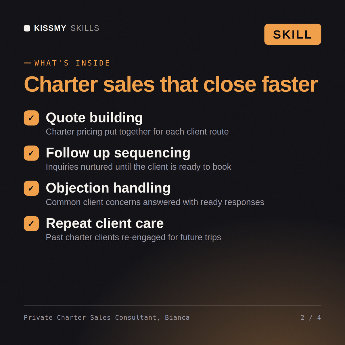 What's inside the Private Charter Sales Consultant, Bianca AI skill: Quote building, Follow up sequencing, Objection handling, Repeat client care