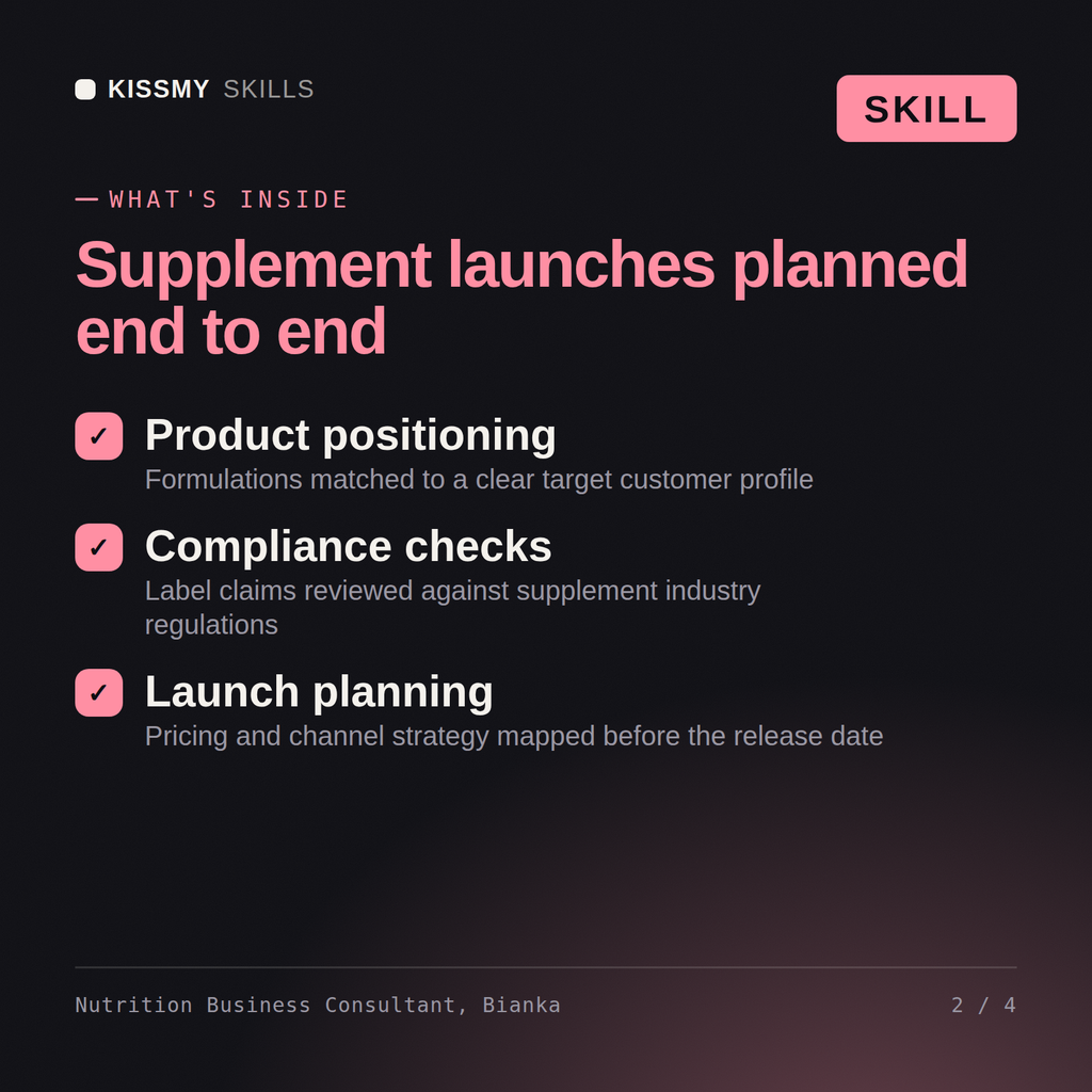 What's inside the Nutrition Business Consultant, Bianka AI skill: Product positioning, Compliance checks, Launch planning
