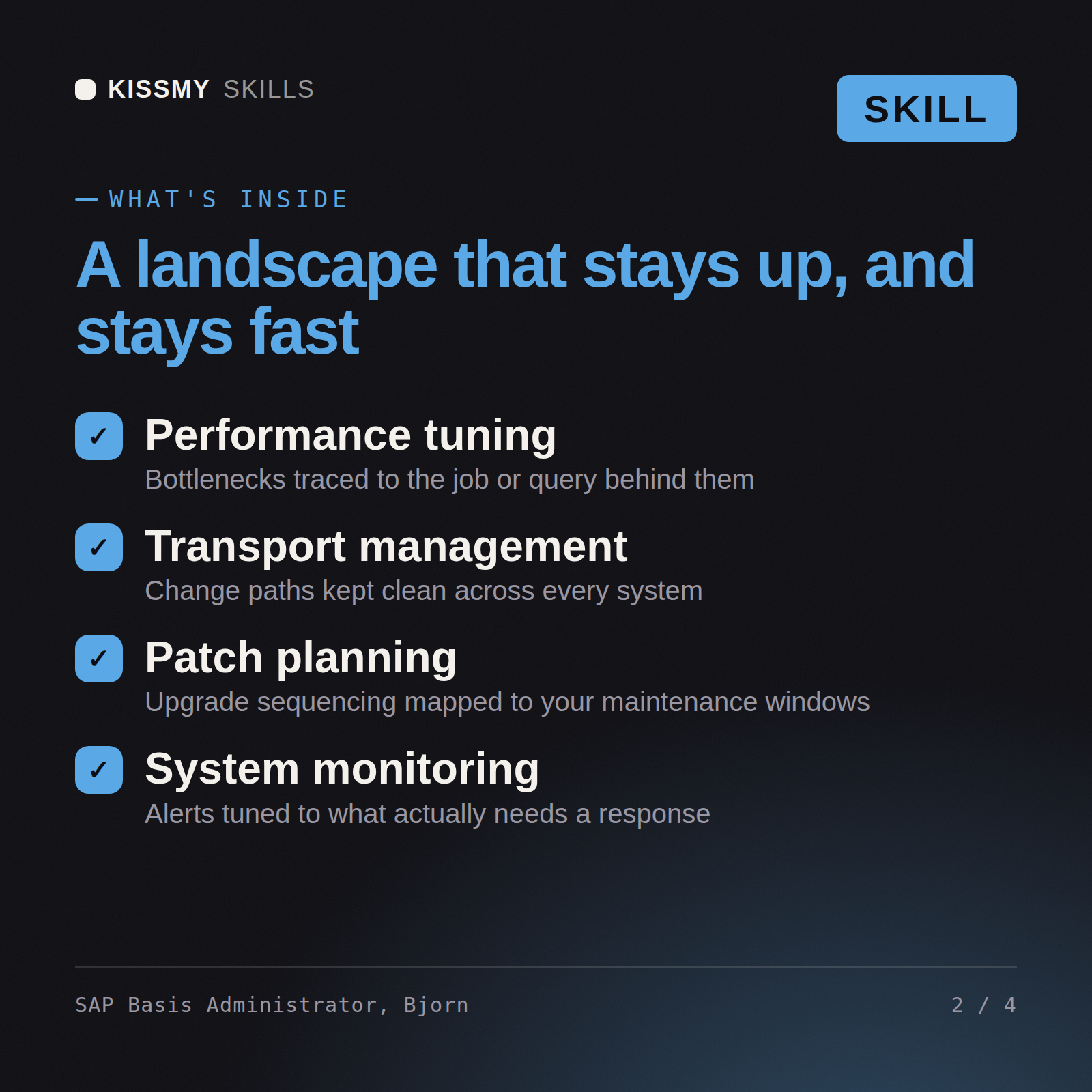 What's inside the SAP Basis Administrator, Bjorn AI skill: Performance tuning, Transport management, Patch planning, System monitoring