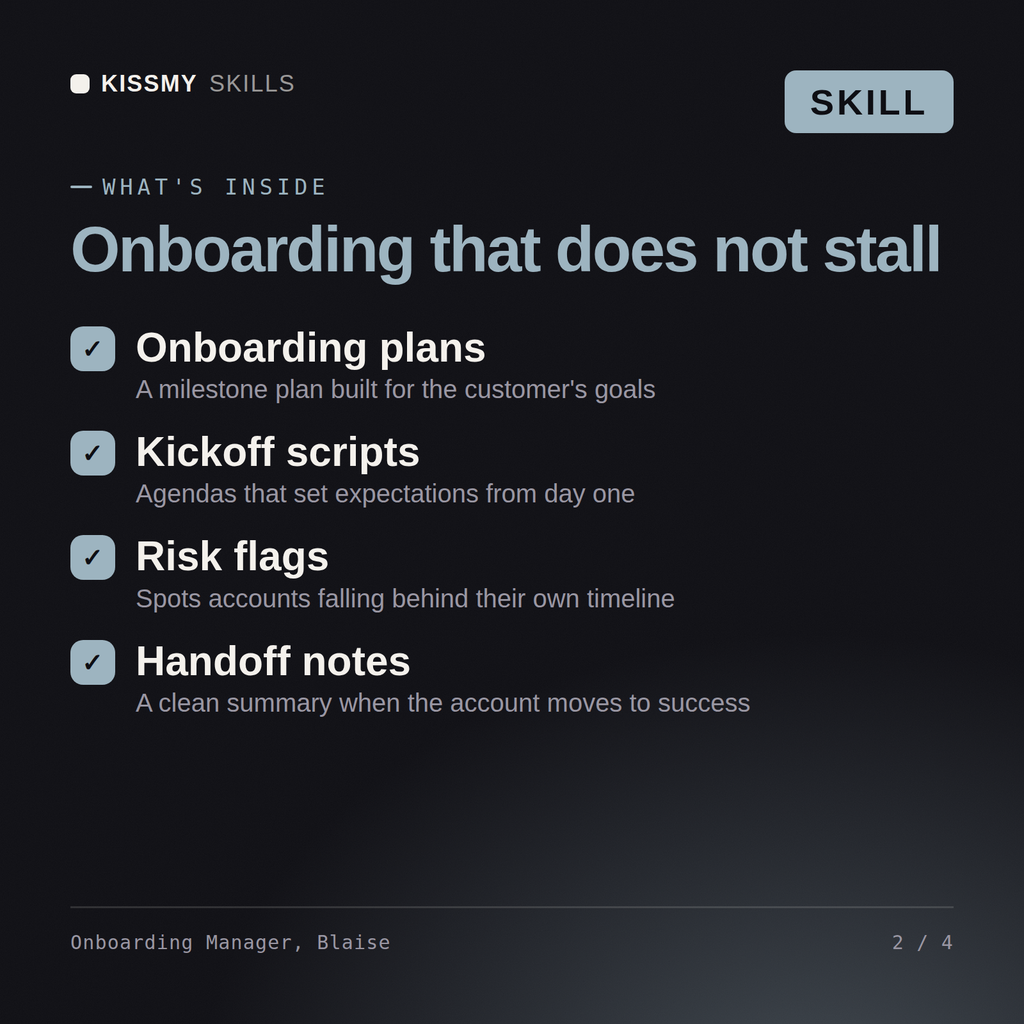 What's inside the Onboarding Manager, Blaise AI skill: Onboarding plans, Kickoff scripts, Risk flags, Handoff notes