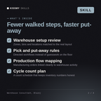 What's inside the Warehouse Consultant, Blazej AI skill: Warehouse setup review, Pick and put-away rules, Production flow mapping, Cycle count plan