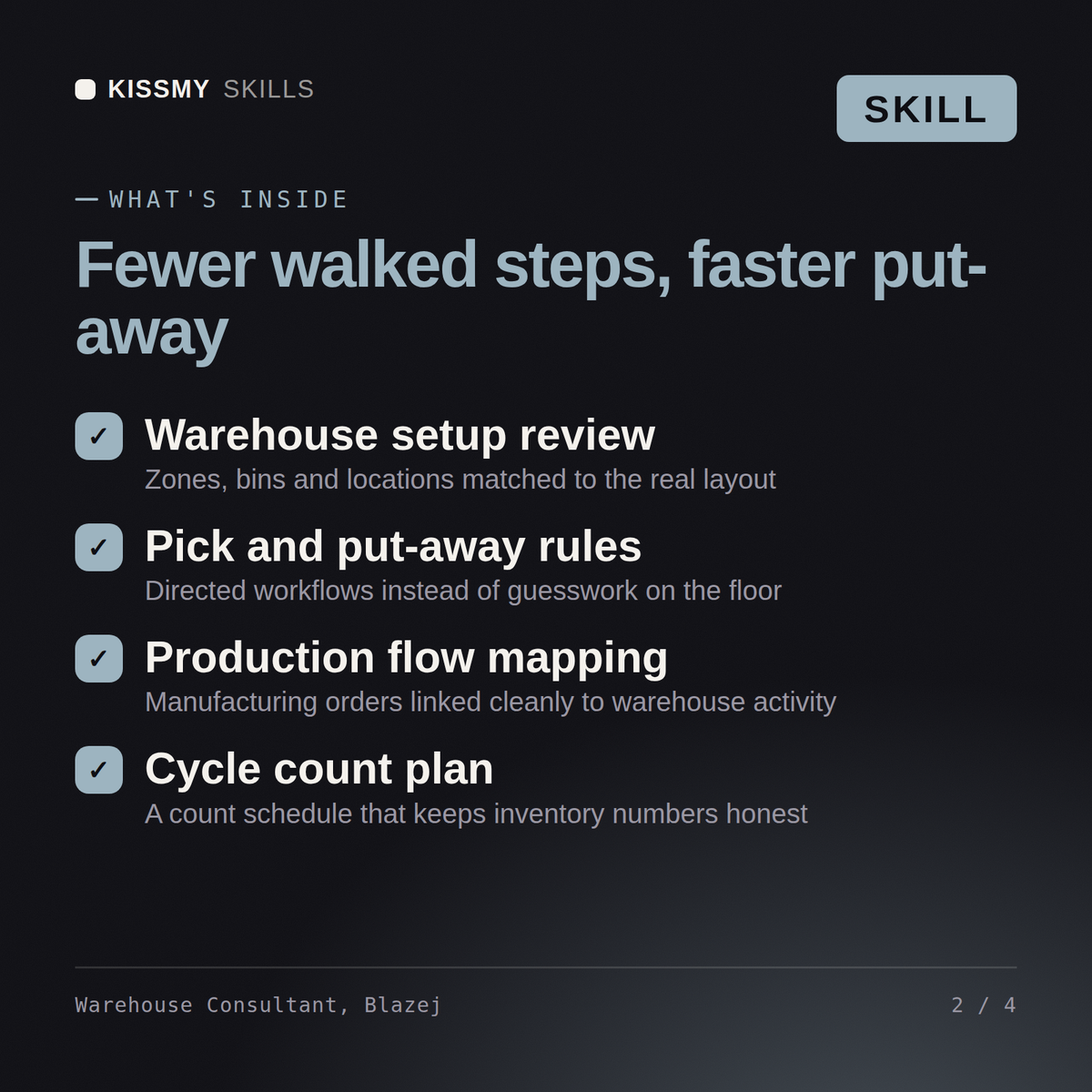 What's inside the Warehouse Consultant, Blazej AI skill: Warehouse setup review, Pick and put-away rules, Production flow mapping, Cycle count plan