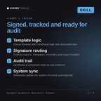 What's inside the Document Automation Specialist, Blodwen AI skill: Template logic, Signature routing, Audit trail, System sync