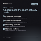 What's inside the Board Report Pack AI skill: Executive summary, Financial highlights, Operating updates, Risk and outlook