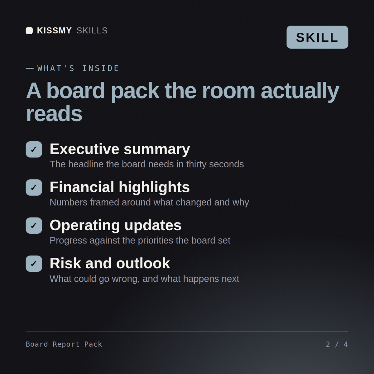 What's inside the Board Report Pack AI skill: Executive summary, Financial highlights, Operating updates, Risk and outlook