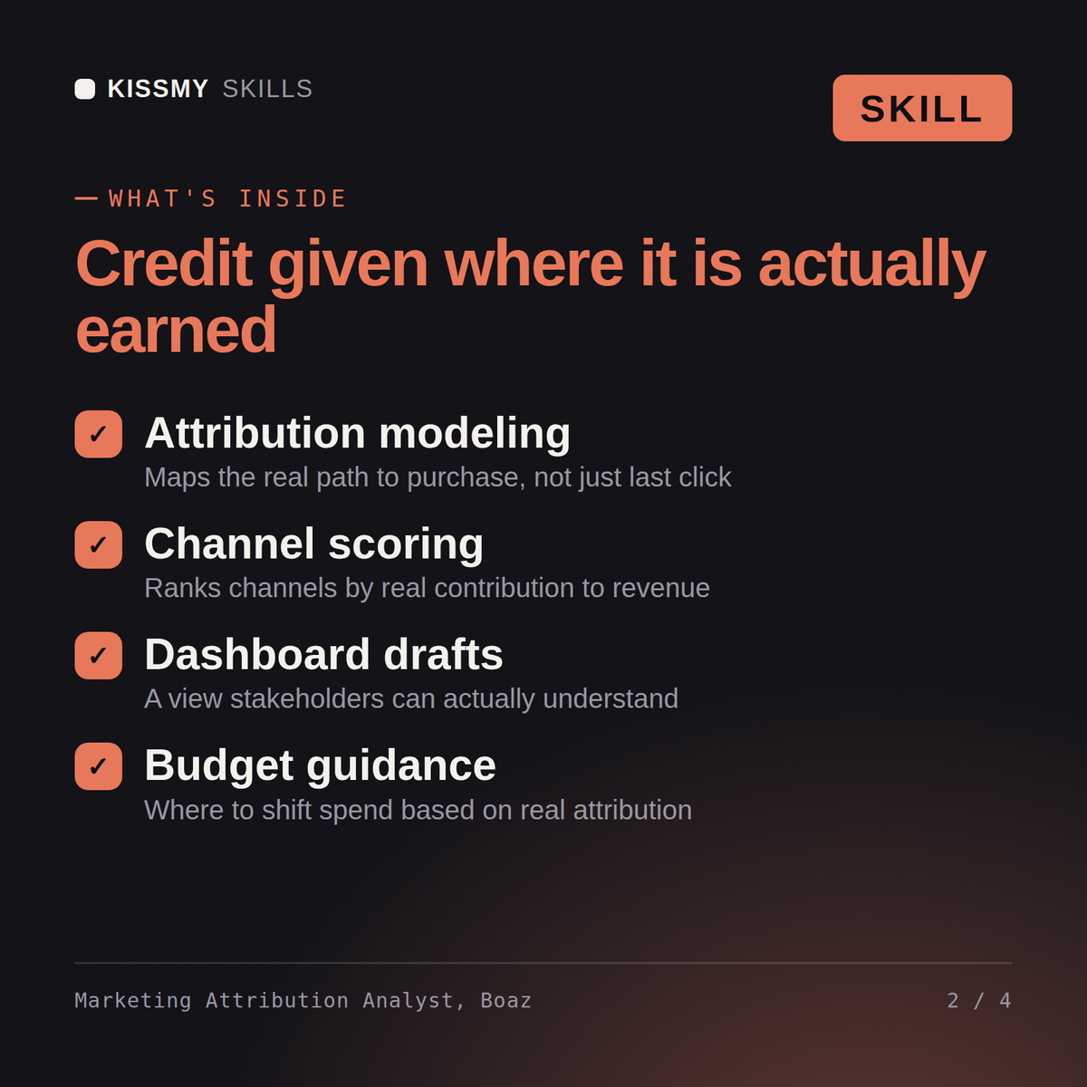 What's inside the Marketing Attribution Analyst, Boaz AI skill: Attribution modeling, Channel scoring, Dashboard drafts, Budget guidance