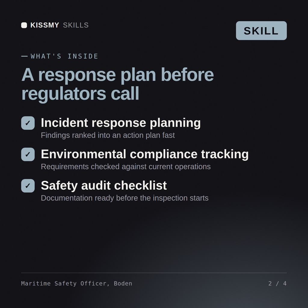 What's inside the Maritime Safety Officer, Boden AI skill: Incident response planning, Environmental compliance tracking, Safety audit checklist