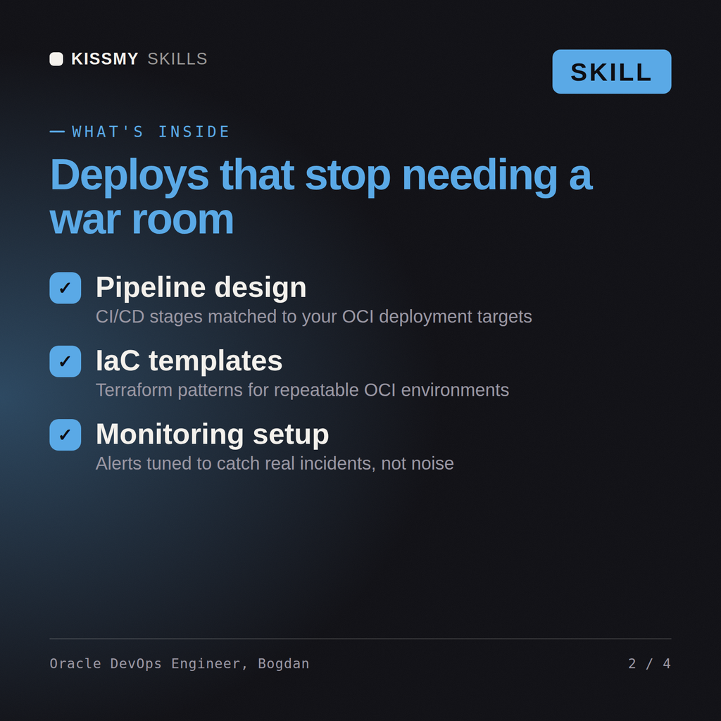 What's inside the Oracle DevOps Engineer, Bogdan AI skill: Pipeline design, IaC templates, Monitoring setup