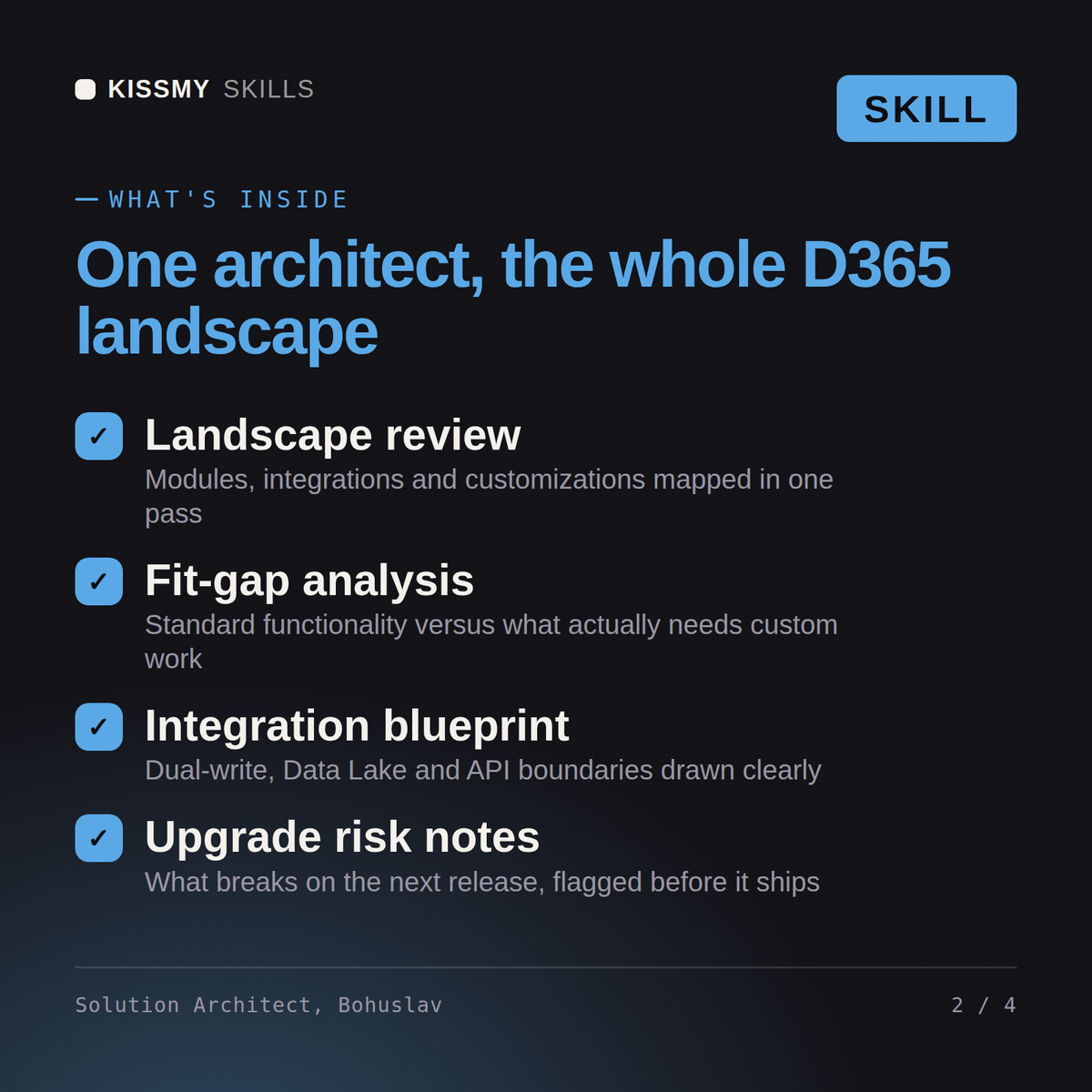 What's inside the Solution Architect, Bohuslav AI skill: Landscape review, Fit-gap analysis, Integration blueprint, Upgrade risk notes