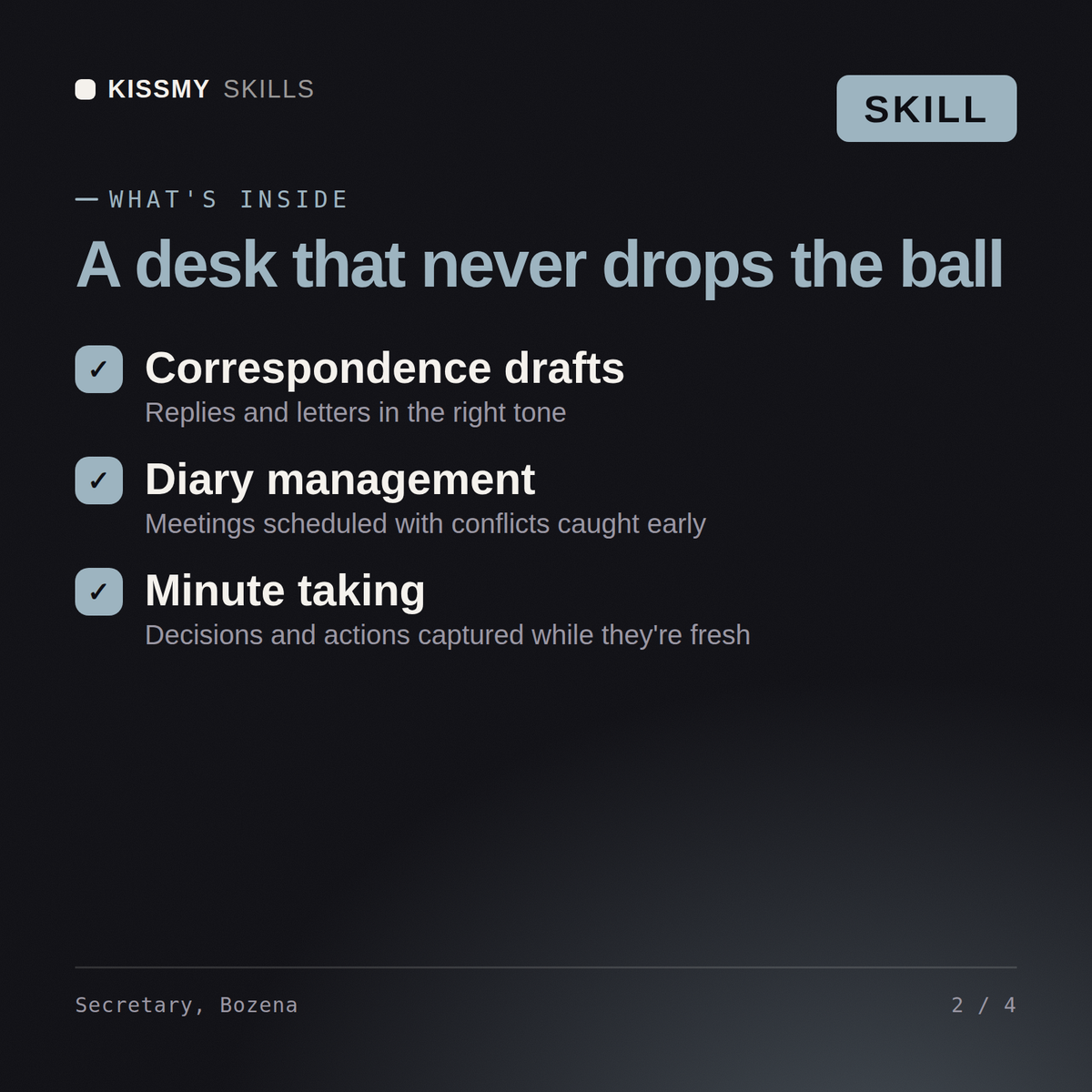 What's inside the Secretary, Bozena AI skill: Correspondence drafts, Diary management, Minute taking