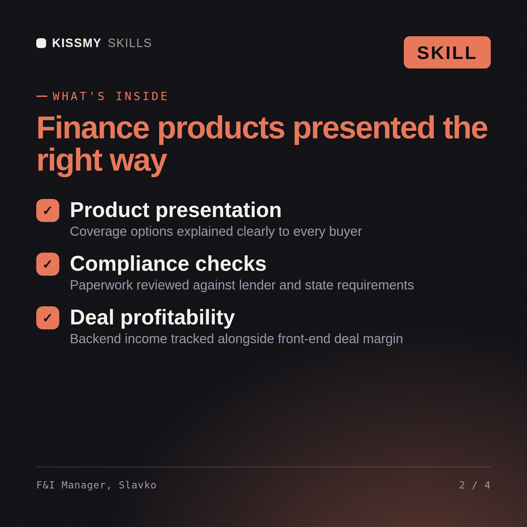 What's inside the F&I Manager, Slavko AI skill: Product presentation, Compliance checks, Deal profitability