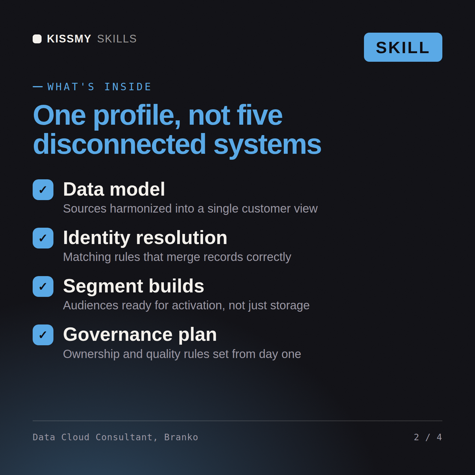 What's inside the Data Cloud Consultant, Branko AI skill: Data model, Identity resolution, Segment builds, Governance plan