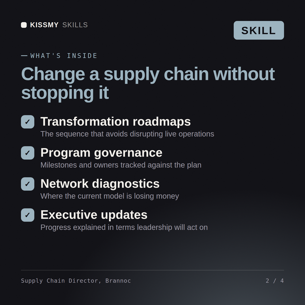 What's inside the Supply Chain Director, Brannoc AI skill: Transformation roadmaps, Program governance, Network diagnostics, Executive updates