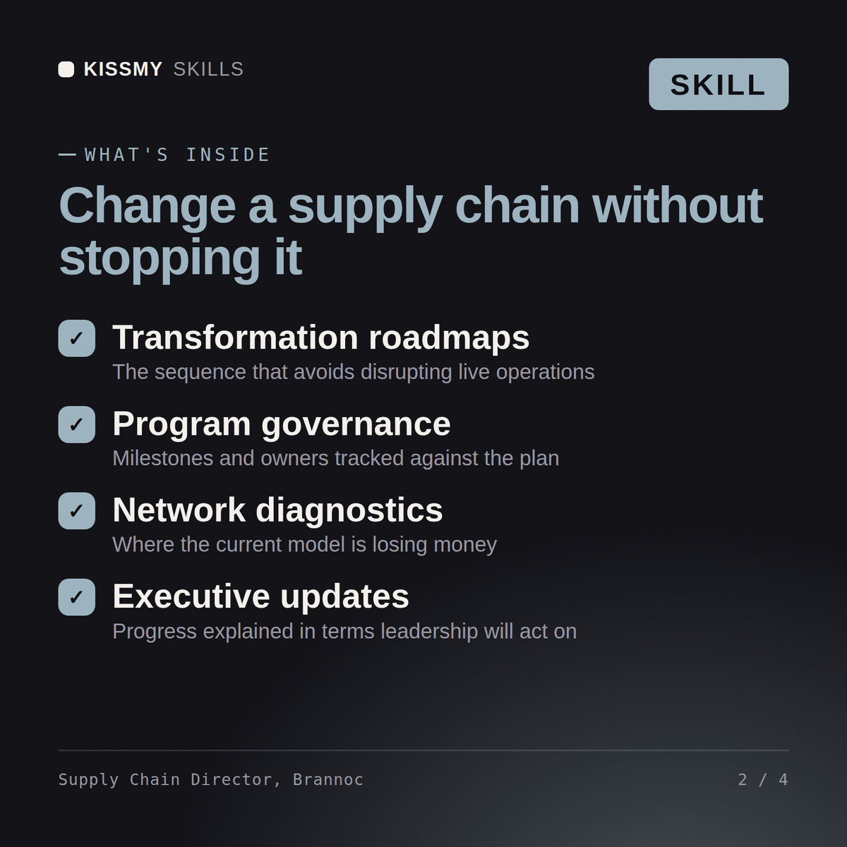What's inside the Supply Chain Director, Brannoc AI skill: Transformation roadmaps, Program governance, Network diagnostics, Executive updates