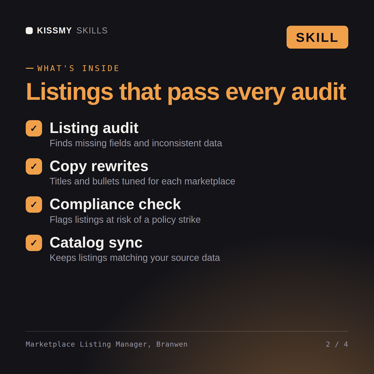 What's inside the Marketplace Listing Manager, Branwen AI skill: Listing audit, Copy rewrites, Compliance check, Catalog sync