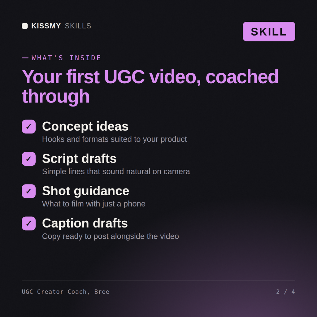 What's inside the UGC Creator Coach, Bree AI skill: Concept ideas, Script drafts, Shot guidance, Caption drafts