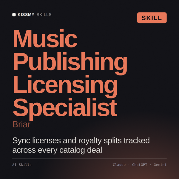 Music Publishing Licensing Specialist, Briar AI skill by KissMySkills, cover