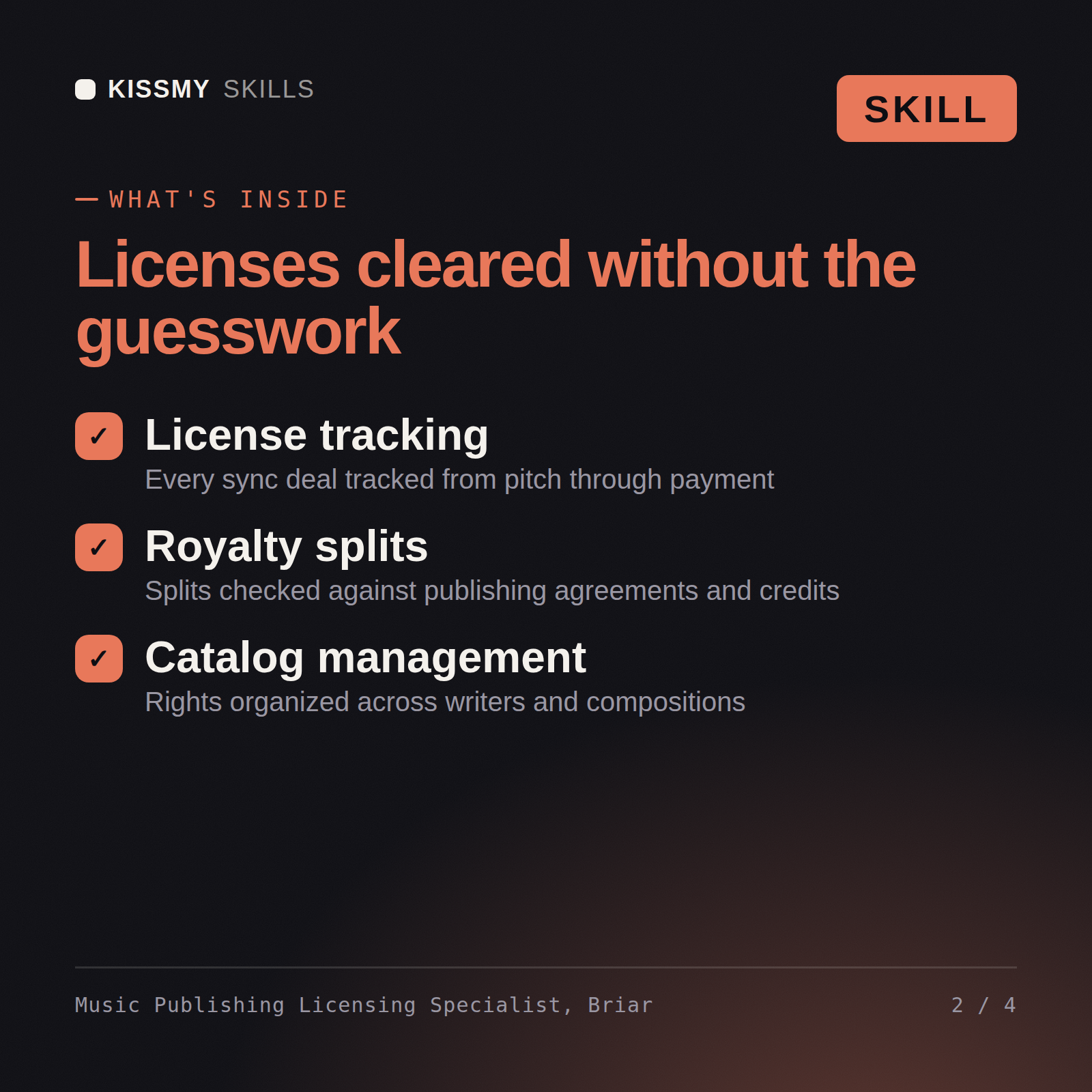 What's inside the Music Publishing Licensing Specialist, Briar AI skill: License tracking, Royalty splits, Catalog management