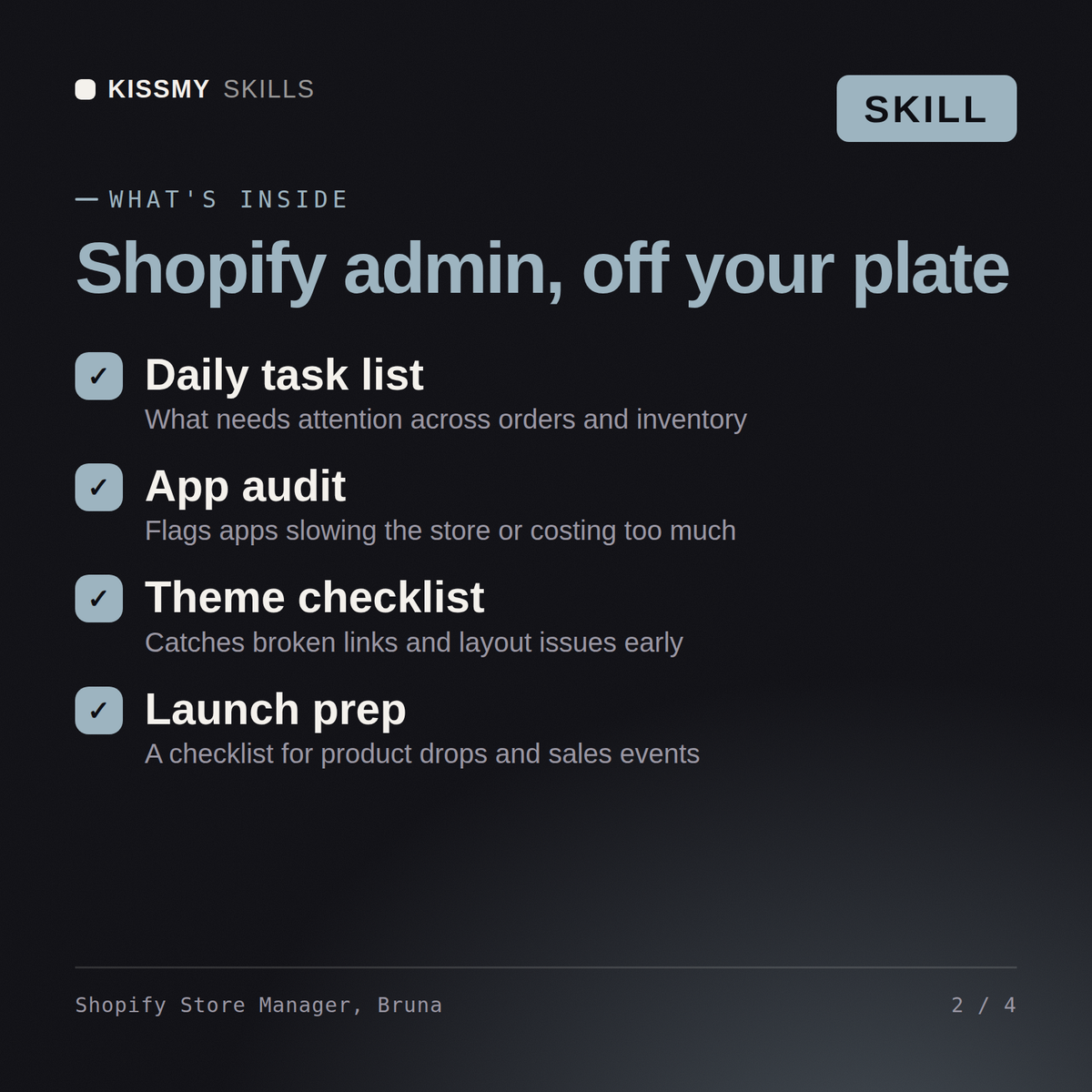 What's inside the Shopify Store Manager, Bruna AI skill: Daily task list, App audit, Theme checklist, Launch prep