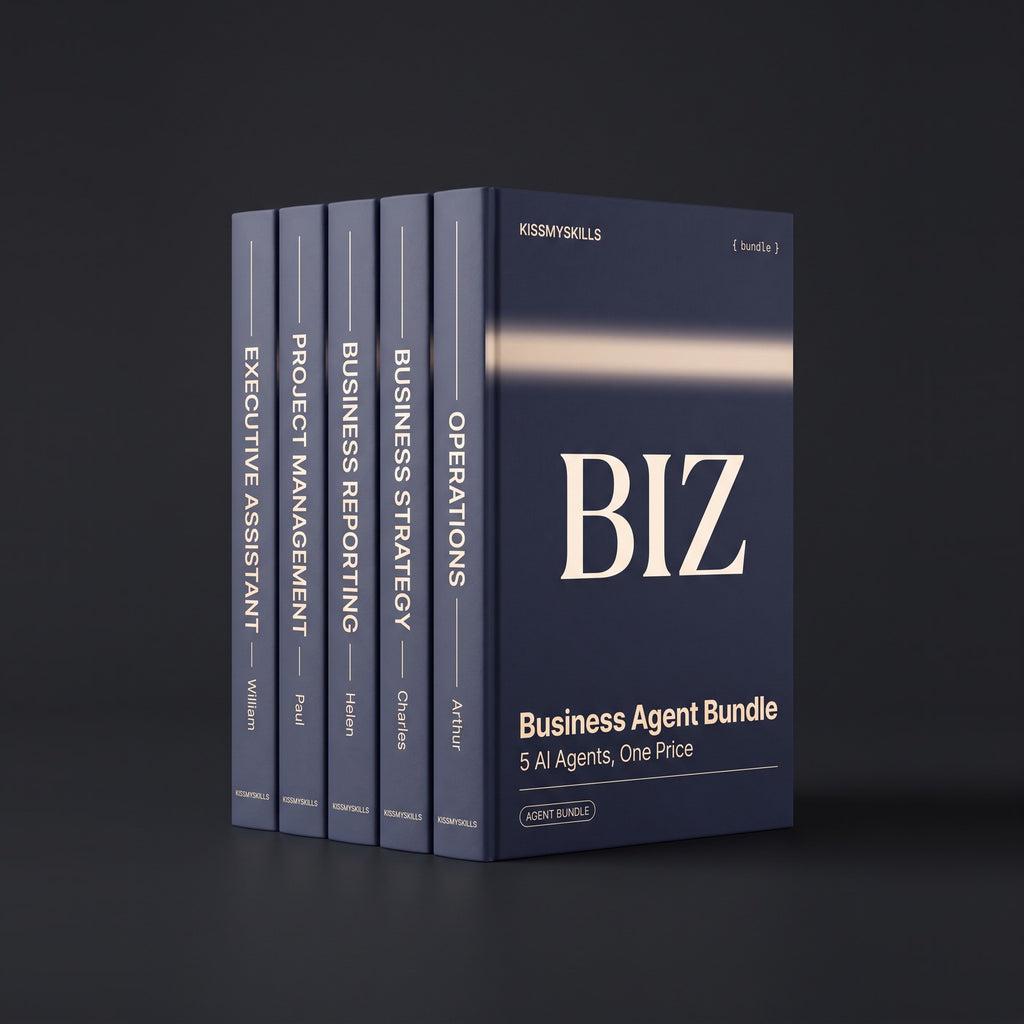 Business Agent Bundle by KissMySkills, hardcover volumes titled Executive Assistant, Project Management, Business Reporting, Business Strategy and Operations