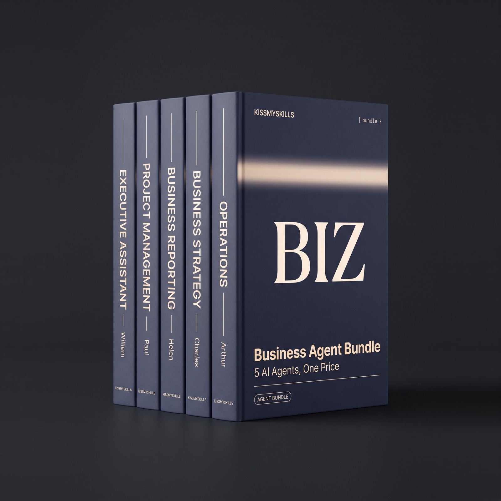 Business Agent Bundle by KissMySkills, hardcover volumes titled Executive Assistant, Project Management, Business Reporting, Business Strategy and Operations
