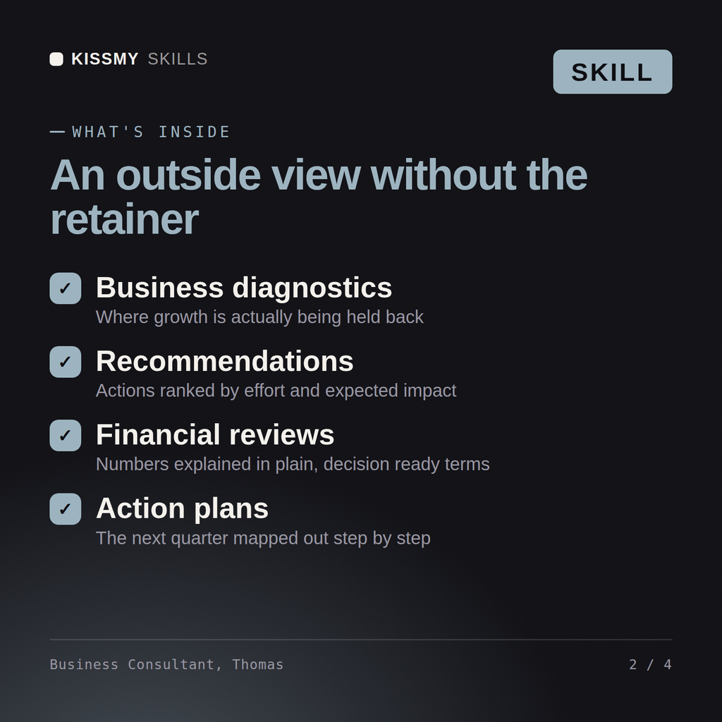 What's inside the Business Consultant, Thomas AI skill: Business diagnostics, Recommendations, Financial reviews, Action plans